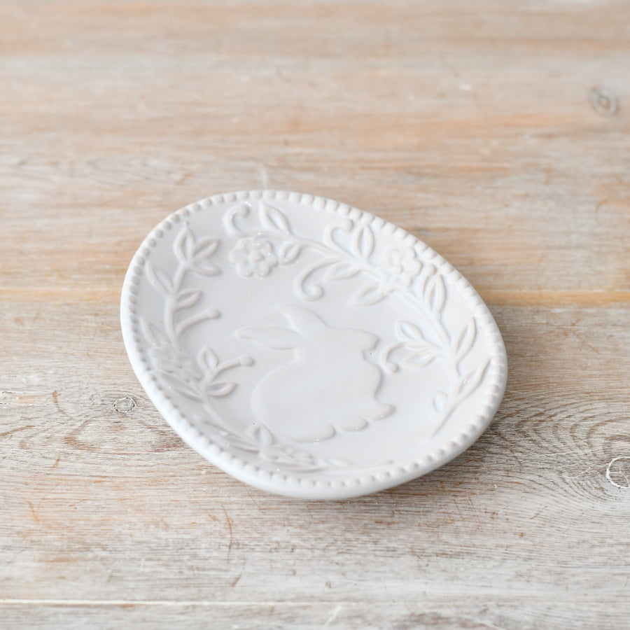 White Embossed Rabbit and Floral Dish
